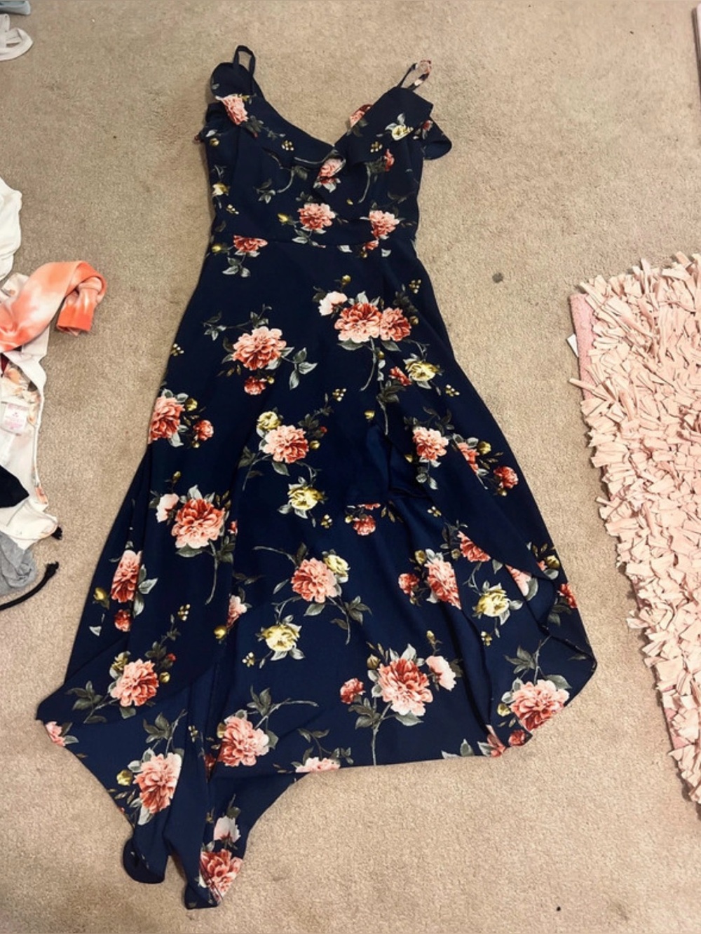by & by Navy Floral Handkerchief-Hem Spaghetti Strap Dress